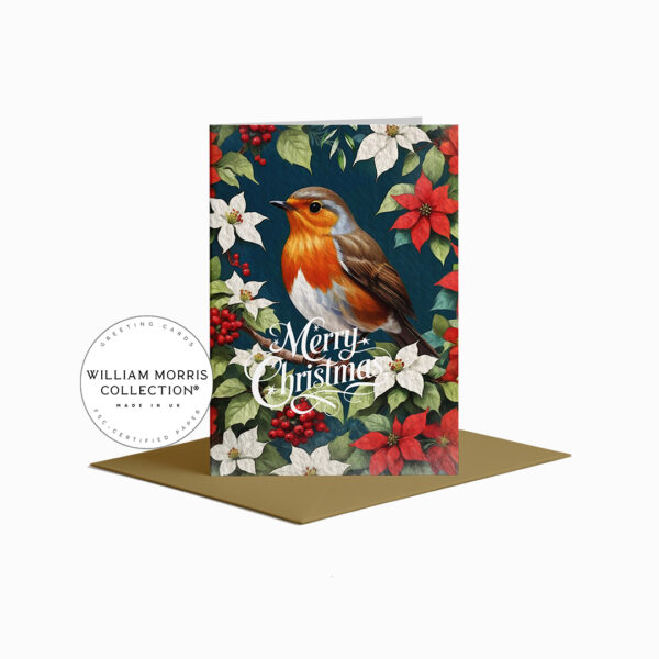 Robin & Poinsettia Christmas Card by William Morris Collection®